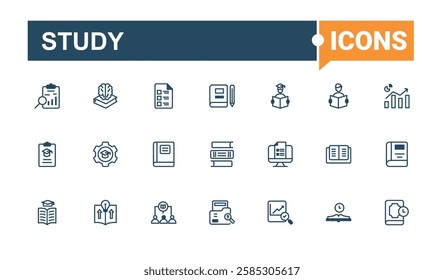 Study icon set. Contains related to diploma, training, student, cap, board, technology, study, university. Sign and Symbol. Minimalist editable vector stroke.