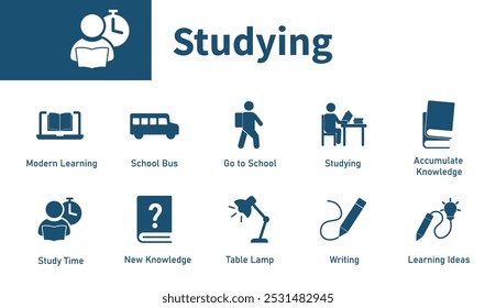Study icon. Set of icons on the theme of education, knowledge, learning, books, school. Solid vector icons.