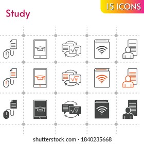 Studium Icon Set. enthält Hörbuch, Studie, Hausaufgaben, Schüler-Tablette, klicken Sie auf Symbole auf weißem Hintergrund. linear, bicolor, gefüllte Stile.