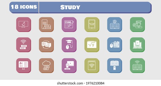 study icon set. included audiobook, test, learn, homework, maths, book, learning, microscope, cloud library, exam, books icons on white background. linear, filled styles.