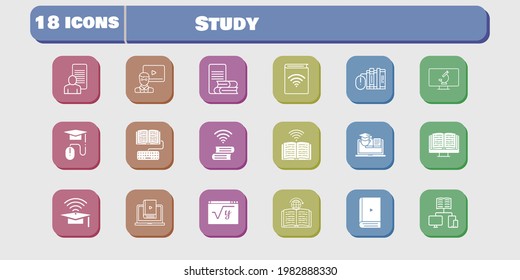 study icon set. included study, audiobook, learn, homework, maths, book, training, learning, microscope, ebook, cap icons on white background. linear, filled styles.