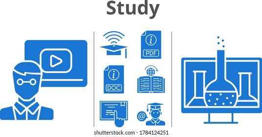 study icon set included chemistry, teacher, cap, pdf, student, doc, touchscreen, learning icons and filled styles.