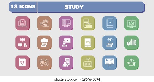 study icon set. included chemistry, audiobook, study, test, homework, learn, book, cloud library, books, cap, ebook, teacher icons on white background. linear, filled styles.