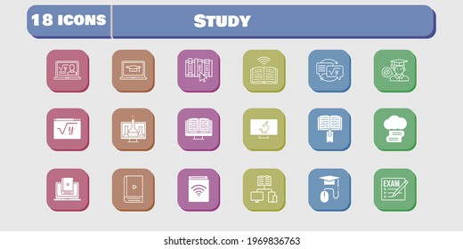 study icon set. included chemistry, audiobook, learn, homework, maths, book, microscope, cloud library, exam, professor, ebook icons on white background. linear, filled styles.