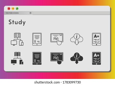 study icon set. included tablet, e-reader, touchscreen, information, school icons on white background. linear, filled styles.