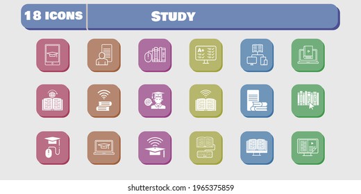 study icon set. included study, test, homework, learn, student, book, learning, student-laptop, cap, ebook, books, online-learning icons on white background. linear, filled styles.