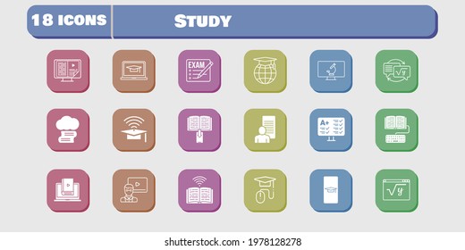 study icon set. included study, test, homework, learn, maths, book, microscope, student-smartphone, exam, cloud library, teacher icons on white background. linear, filled styles.