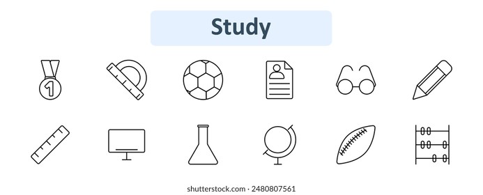 Study icon set. Medal, protractor, soccer ball, resume, glasses, pencil, ruler, computer, beaker, globe, football, abacus. Education, learning, academic concept.