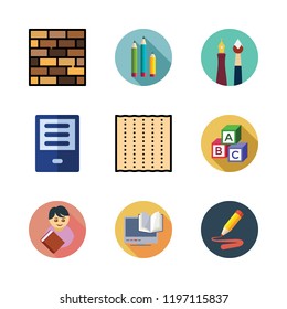 study icon set. vector set about school material, ebook, ereader and student icons set.
