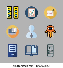 study icon set. vector set about ebook, bookshelf, notebook and speaker icons set.