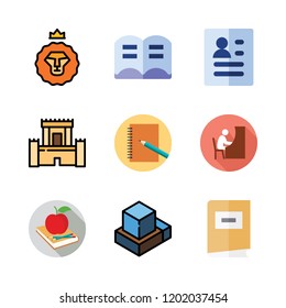 study icon set. vector set about notebook, book, curriculum and open book icons set.