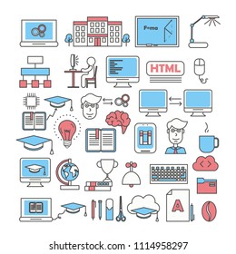 Study icon set. Vector thin line art flat style design elements isolated on white background.