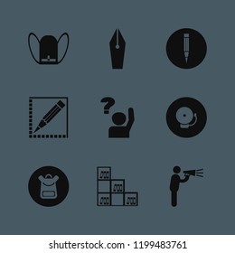 study icon. study vector icons set pencil, fountain pen, man talking by speaker and ask pupil