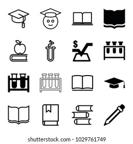 Study icons. set of 16 editable filled and outline study icons such as book, mathematical square, test tube, pencil, apple on book, graduate emoji, heart test tube, arrows up