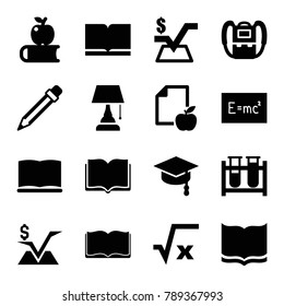 Study icons. set of 16 editable filled study icons such as backpack, book, mathematical square, square root, apple on book, paper and apple, test tube, board with formulas