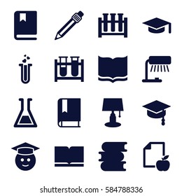 study icons set. Set of 16 study filled icons such as book, graduate emoji, paper and apple, test tube, heart test tube, pen, arrows up, graduation hat