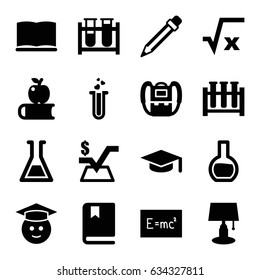 Study icons set. set of 16 study filled icons such as backpack, mathematical square, graduate emoji, test tube, heart test tube, pencil, book, board with formulas
