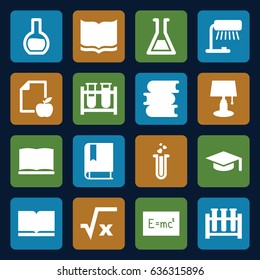 Study icons set. set of 16 study filled icons such as book, paper and apple, test tube, heart test tube, board with formulas, graduation hat, square root