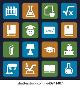 Study icons set. set of 16 study filled icons such as mathematical square, graduate emoji, paper and apple, heart test tube, test tube, book, board with formulas