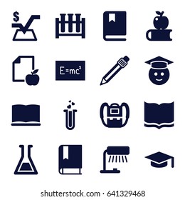 Study icons set. set of 16 study filled icons such as backpack, book, mathematical square, graduate emoji, paper and apple, heart test tube, pen, test tube