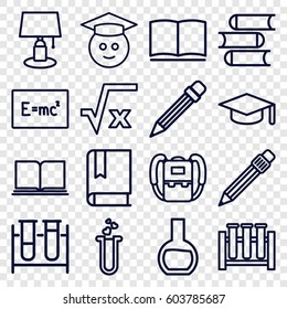 Study icons set. set of 16 study outline icons such as backpack, book, test tube, heart test tube, pen, pencil, graduate emoji, graduation hat, square root, table lamp