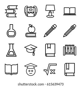 Study icons set. set of 16 study outline icons such as backpack, book, pen, pencil, test tube, graduate emoji, square root, table lamp, apple on book