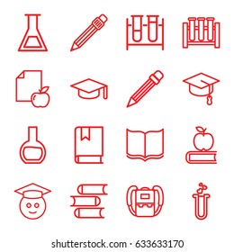 Study icons set. set of 16 study outline icons such as backpack, book, paper and apple, test tube, heart test tube, pen, pencil, graduate emoji, graduation hat, apple on book