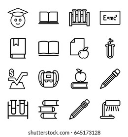 Study icons set. set of 16 study outline icons such as backpack, book, mathematical square, paper and apple, test tube, heart test tube, pen, pencil, graduate emoji