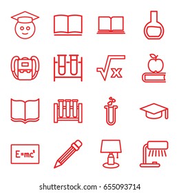 Study icons set. set of 16 study outline icons such as backpack, book, test tube, heart test tube, pencil, graduate emoji, graduation hat, square root, table lamp