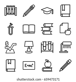 Study icons set. set of 16 study outline icons such as book, mathematical square, paper and apple, test tube, heart test tube, pen, pencil, graduation hat, table lamp