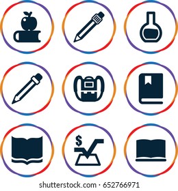 Study icons set. set of 9 study filled icons such as backpack, book, mathematical square, pen, pencil, test tube