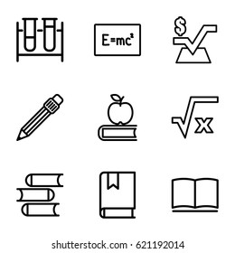 Study icons set. set of 9 study outline icons such as book, mathematical square, test tube, pen, square root, apple on book