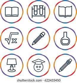 Study icons set. set of 9 study outline icons such as book, test tube, pen, pencil, graduate emoji, square root