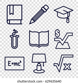 Study icons set. set of 9 study outline icons such as book, mathematical square, heart test tube, pencil, square root, table lamp, arrows up