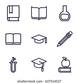 Study icons set. set of 9 study outline icons such as book, heart test tube, pen, test tube, graduation hat, apple on book