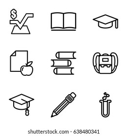 Study icons set. set of 9 study outline icons such as backpack, book, mathematical square, paper and apple, heart test tube, pen, graduation hat