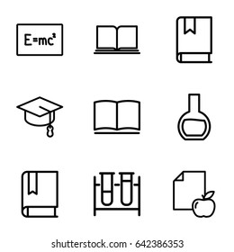 Study icons set. set of 9 study outline icons such as paper and apple, test tube, book, arrows up
