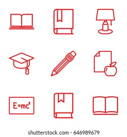 Study icons set. set of 9 study outline icons such as paper and apple, pen, book, table lamp, arrows up