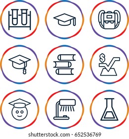 Study icons set. set of 9 study outline icons such as backpack, book, mathematical square, test tube, graduate emoji, graduation hat, table lamp