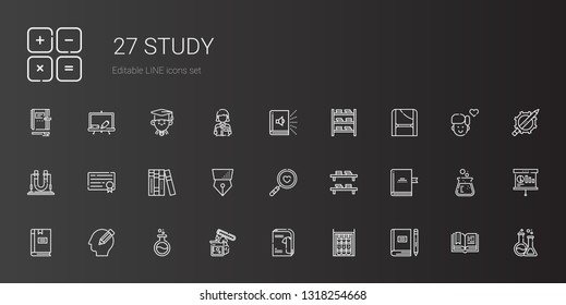 study icons set. Collection of study with book, bookshelf, catalogue, test tube, flask, pencil, magnifying glass, pen, books, diploma, toga. Editable and scalable study icons.