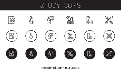 study icons set. Collection of study with book, flask, presentation, bookworm, school material, pencils. Editable and scalable study icons.