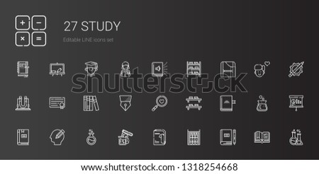 study icons set. Collection of study with book, bookshelf, catalogue, test tube, flask, pencil, magnifying glass, pen, books, diploma, toga. Editable and scalable study icons.