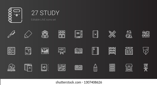 study icons set. Collection of study with bookcase, pencil, open book, audiobook, books, bookshelf, book, blackboard, periodic table, catalogue. Editable and scalable study icons.