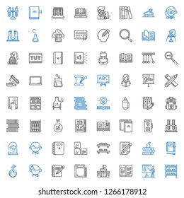 study icons set. Collection of study with bookshelf, presentation, open book, school, book, notebook, student, flask, books, pencil, periodic table. Editable and scalable study icons.