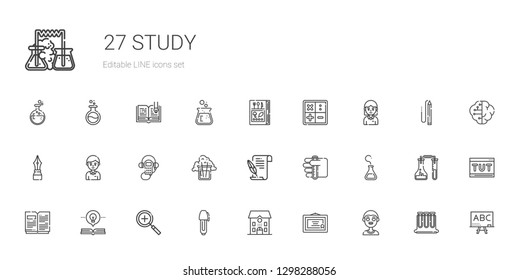 study icons set. Collection of study with boy, diploma, school, pen, zoom in, open book, flask, test tube, literature, audio guide, student. Editable and scalable study icons.