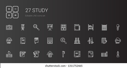 study icons set. Collection of study with catalogue, book, pen, flask, literature, notebook, books, test tube, loupe, bookshelf, teacher, trial. Editable and scalable study icons.
