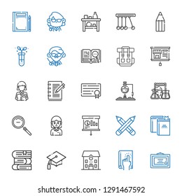 study icons set. Collection of study with diploma, book, school, graduation, books, pencils, presentation, student, zoom out, flask, notebook. Editable and scalable study icons.