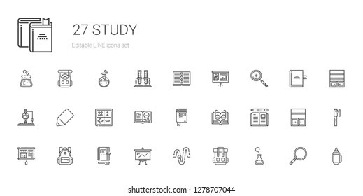 study icons set. Collection of study with flask, rucksack, physics, presentation, notebook, backpack, book, open book, math, pencil, zoom in. Editable and scalable study icons.