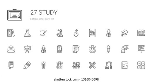 study icons set. Collection of study with flask, pencil, presentation, rucksack, pen, book, backpack, reading, cap, bookshelf, maths, audiobook. Editable and scalable study icons.