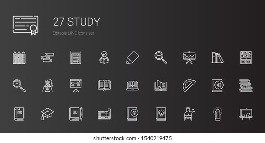 study icons set. Collection of study with flask, book, audiobook, books, graduation, protractor, open book, presentation, zoom out, pencil. Editable and scalable study icons.